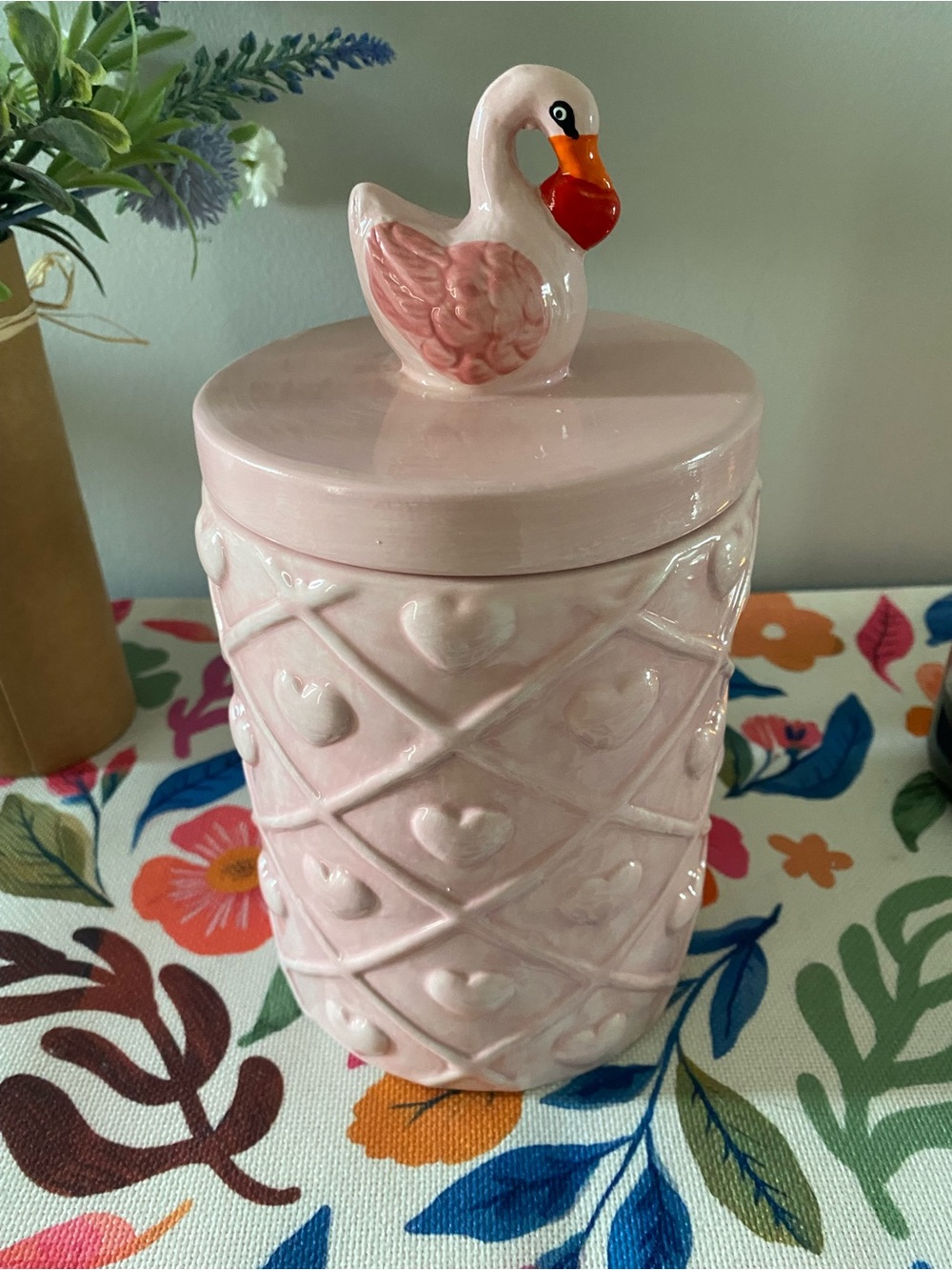 Pink Ceramic Swan Lidded Canister